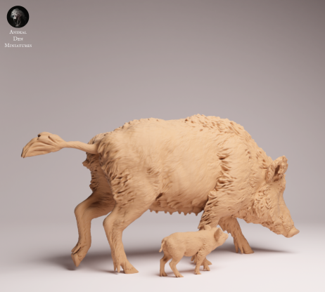 Wildschwein mit Frischling / unbemaltes Resin Miniaturtier
