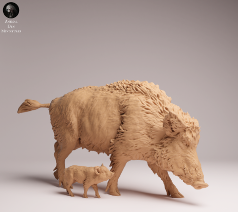 Wildschwein mit Frischling / unbemaltes Resin Miniaturtier