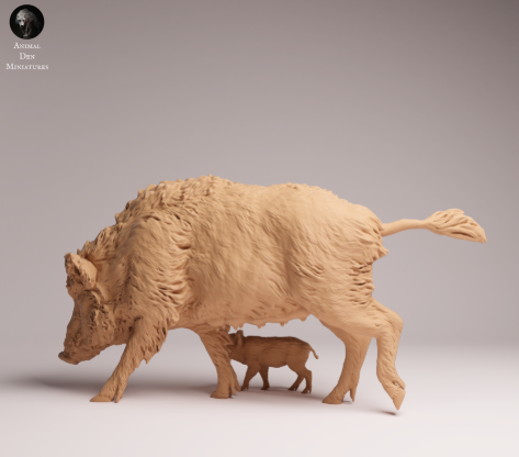 Wildschwein mit Frischling / unbemaltes Resin Miniaturtier