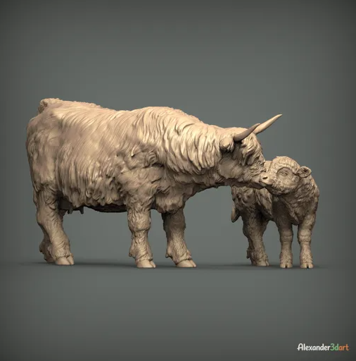 Highland Kuh mit Kalb / unbemalter Resin 3D Druck