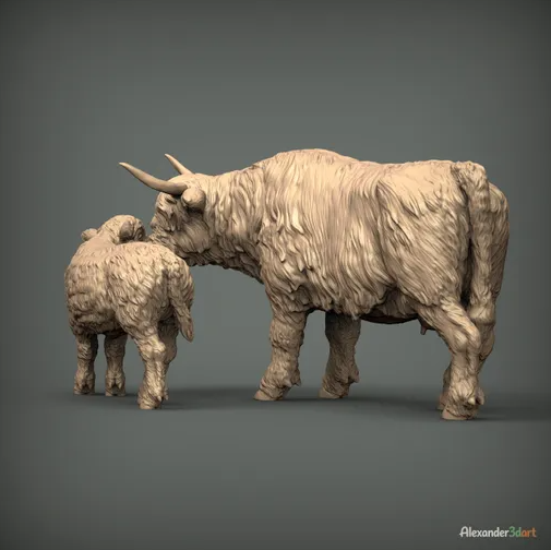 Highland Kuh mit Kalb / unbemalter Resin 3D Druck
