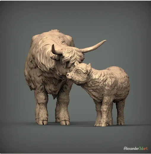 Highland Kuh mit Kalb / unbemalter Resin 3D Druck
