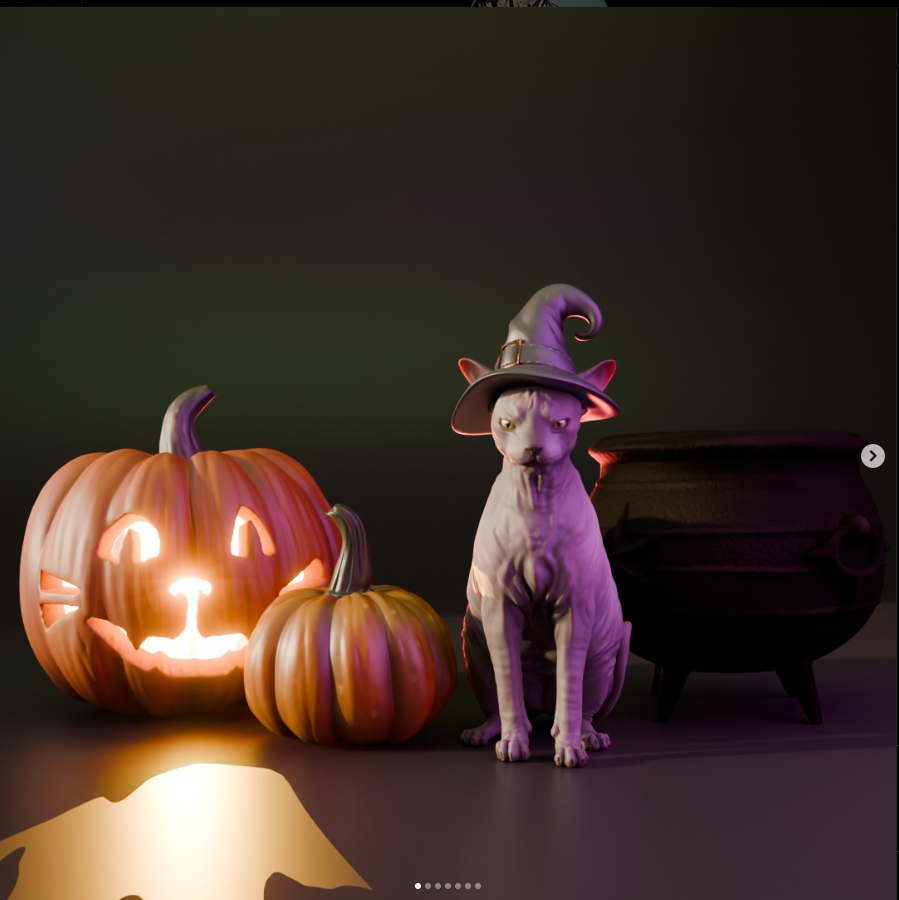 Katze Wanda mit Kürbissen und Hexenkessel von Bexbee Studios