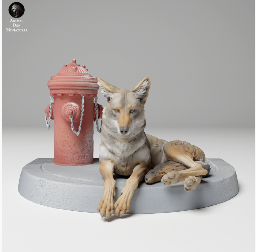 Coyote allongé devant une bouche d'incendie par Animal les miniatures en impression 3D