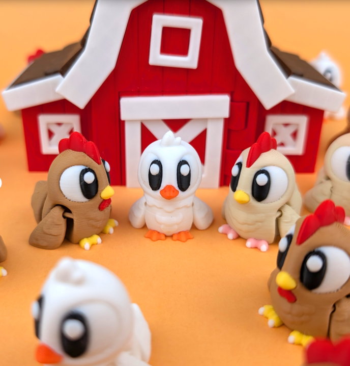 Flexi chickens with barn by GOB3D / colorful FDM print