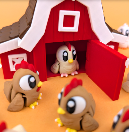 Flexi chickens with barn by GOB3D / colorful FDM print